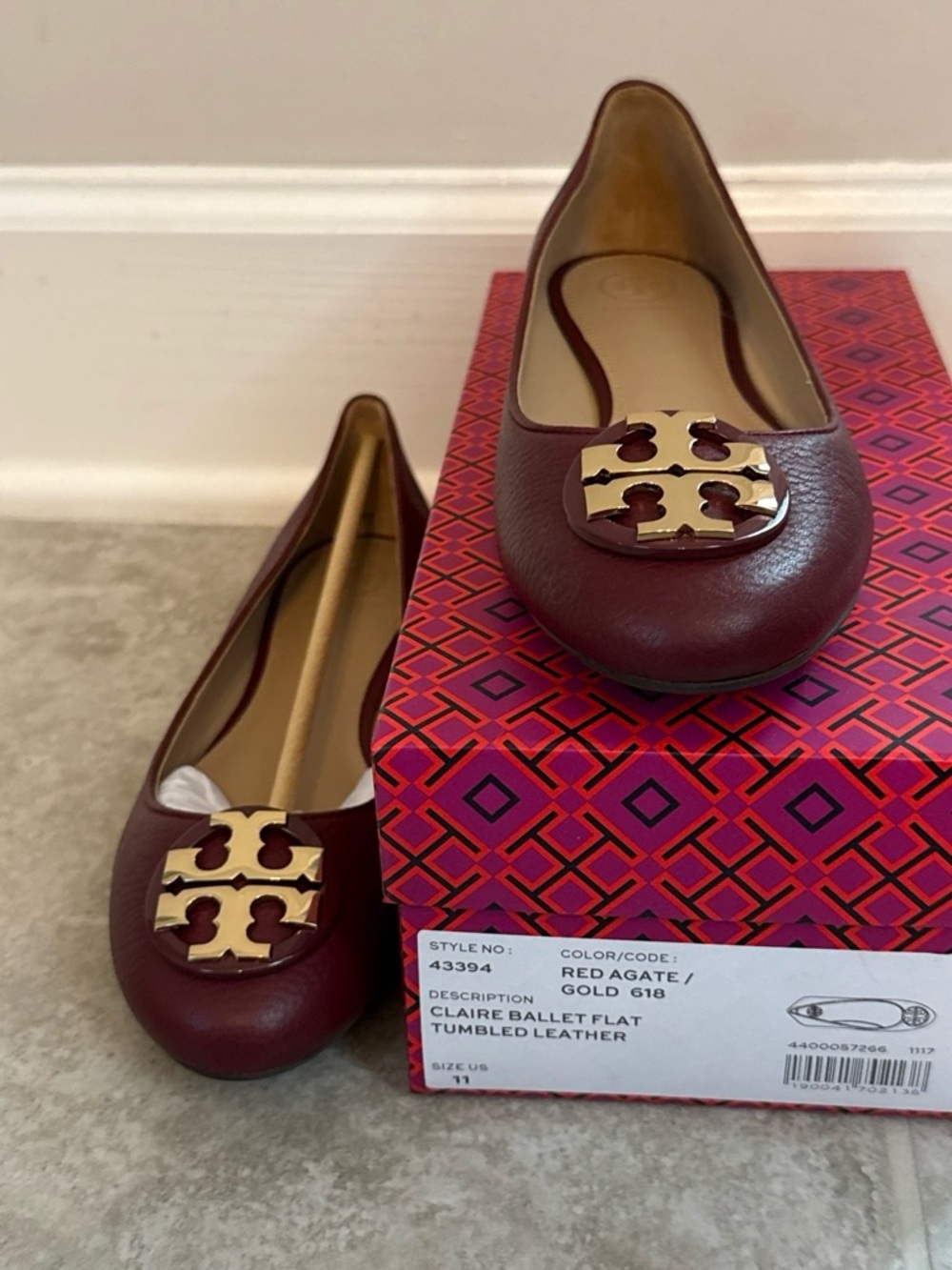 Tory Burch Red Agate Claire Ballet Flats with Gold Logo